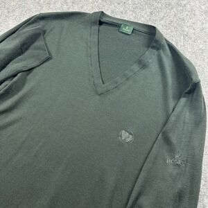 ROLEX  Mens Sweater Size Large Green Wool V-Neck Logo Lightweight Italy